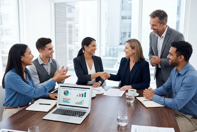 meeting, conference, business, office, team, collaboration, agreement, handshake, partnership, corporate, professional, discussion, presentation, chart, graph, laptop, documents, strategy, negotiation, success, leadership, workplace, formal, ai generated. A ninety-day B2B social selling trial with explicit stop rules