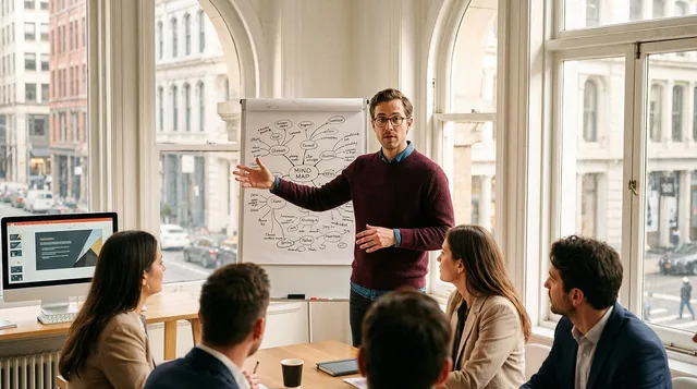 presentation, workshop, strategy, leadership, business, meeting, flipchart, planning, professional, office, brainstorming, teamwork, communication, diagram, explanation, startup, corporate, training, collaboration, career, ai generated. Planning B2B social selling around a commercial decision, not a content calendar